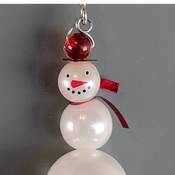 Handmade Snowman Earrings White Bead Holiday Drop Pierced Hook 2.25" Dangle - Picture 7 of 7